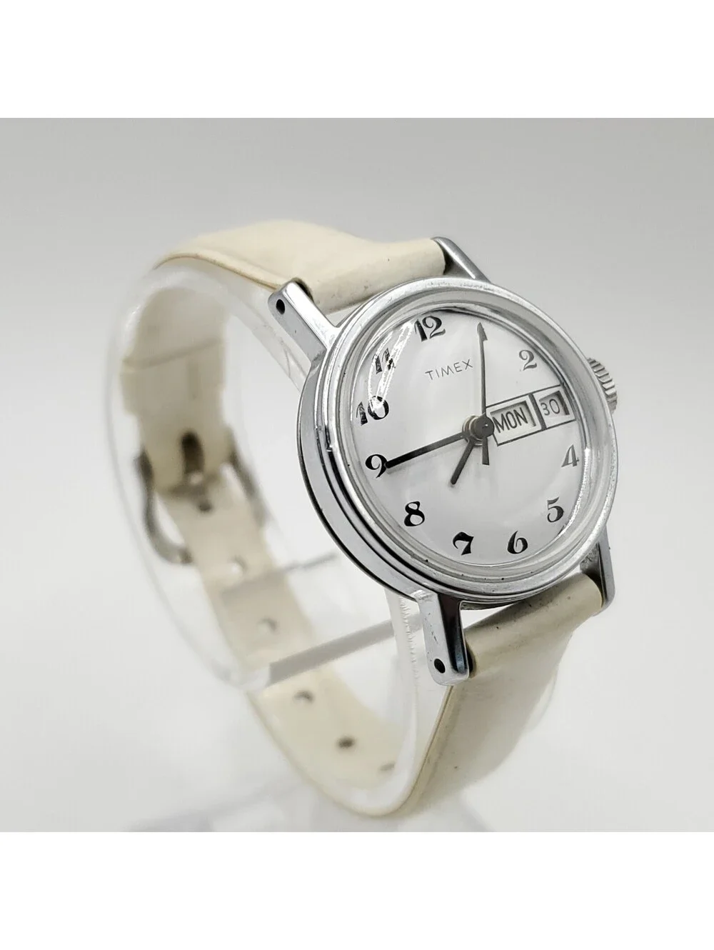 Timex Mechanical White Day/Date Dial Silver Tone Womens Watch 24mm Running